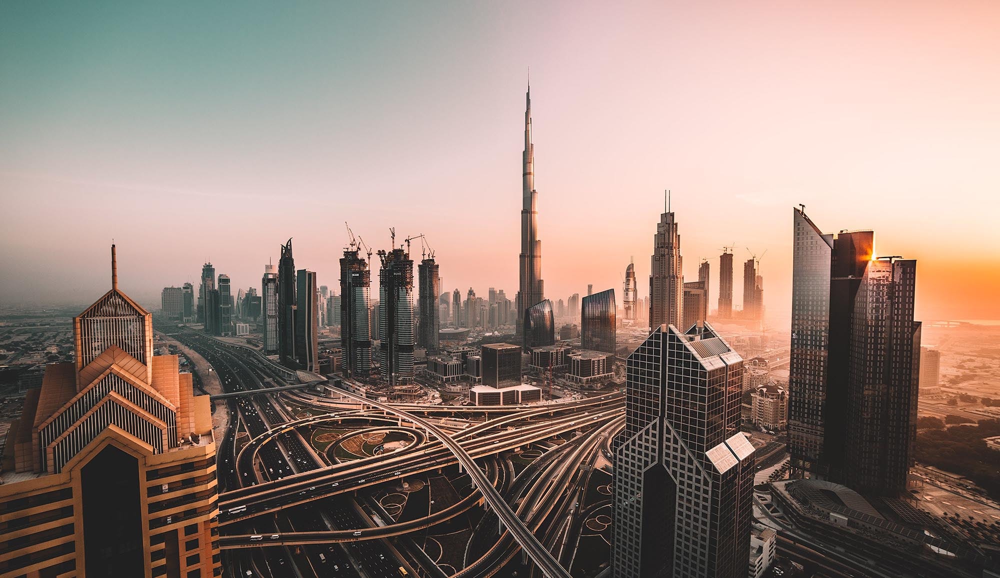 Downtown Dubai and the Burj Khalifa at sunset