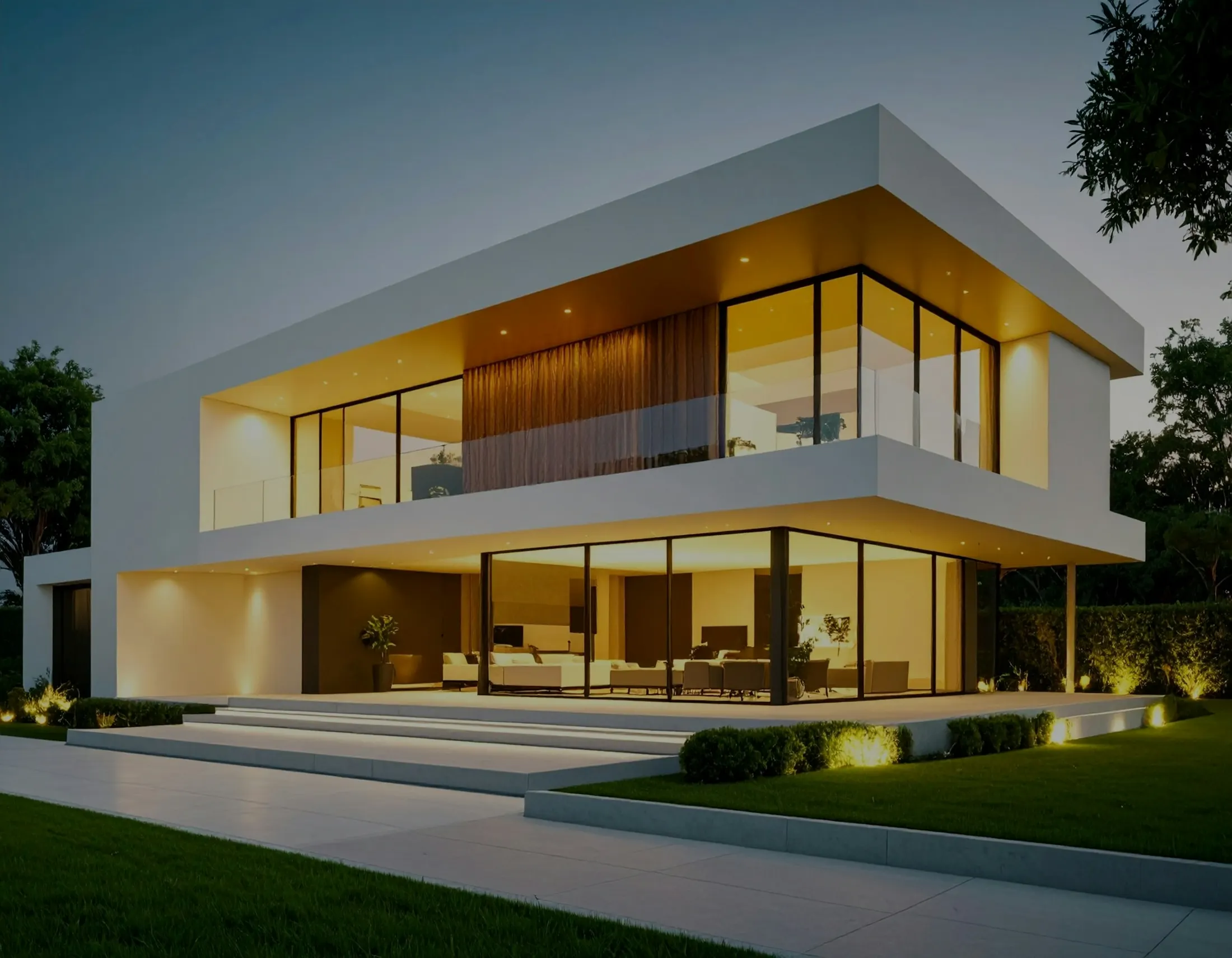 Modern villa lit up at dusk