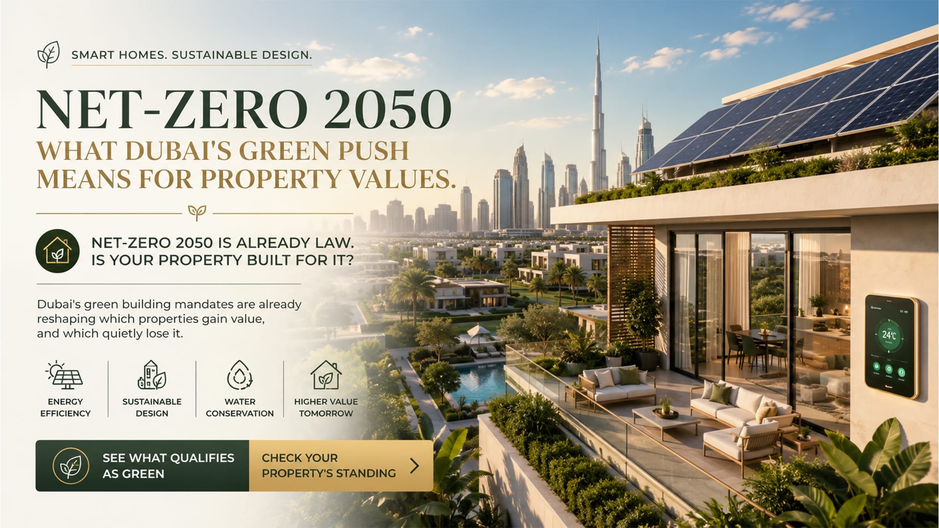Modern sustainable villa in Dubai with rooftop solar panels and green landscaping, representing net-zero and smart home real estate standards