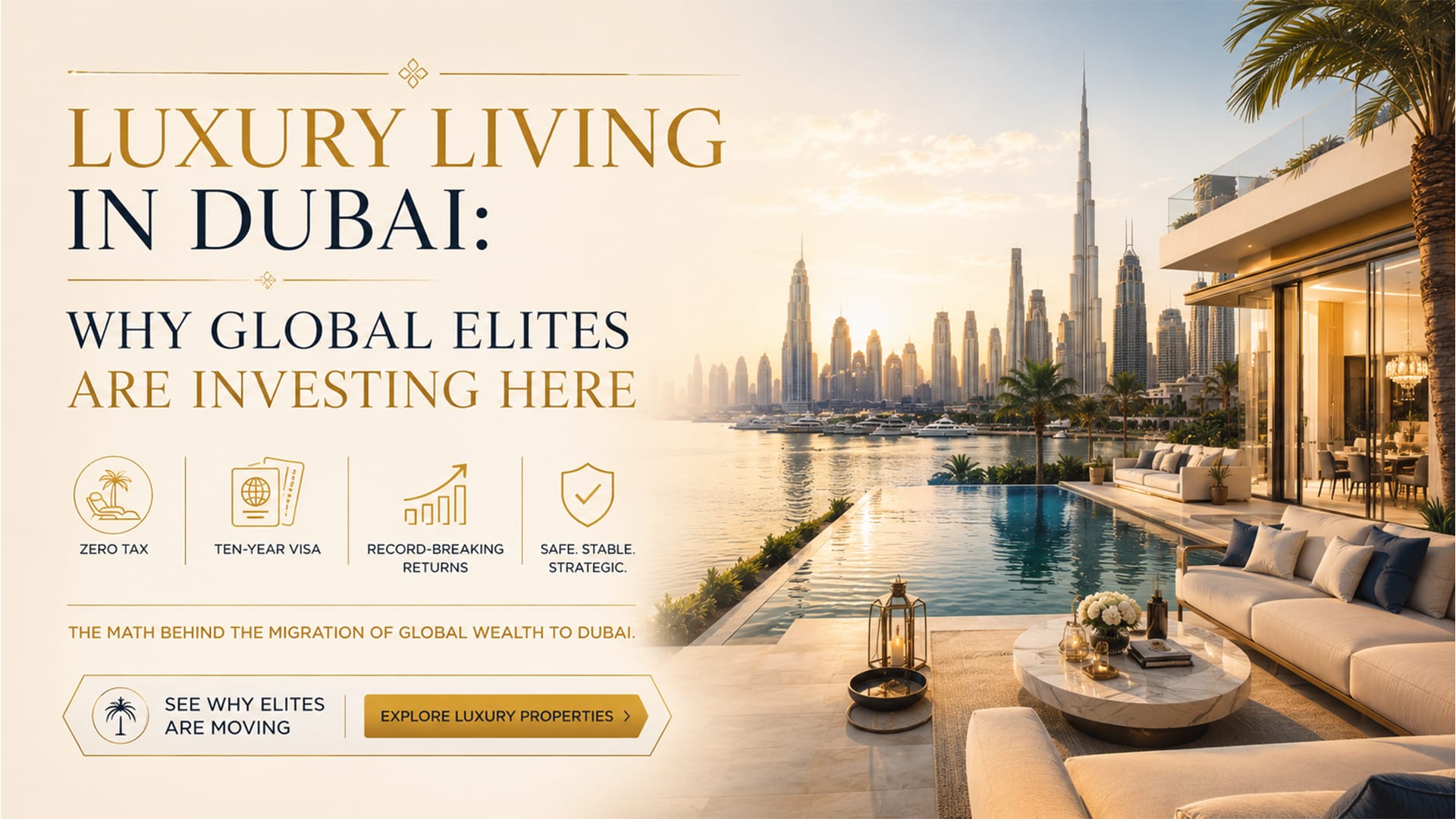 Luxury waterfront villa in Dubai with private pool and skyline view, representing high-end property investment for global elites