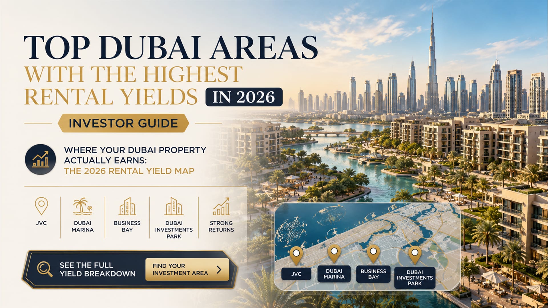 Aerial daytime view of a Dubai residential community skyline, representing top rental yield investment areas for 2026