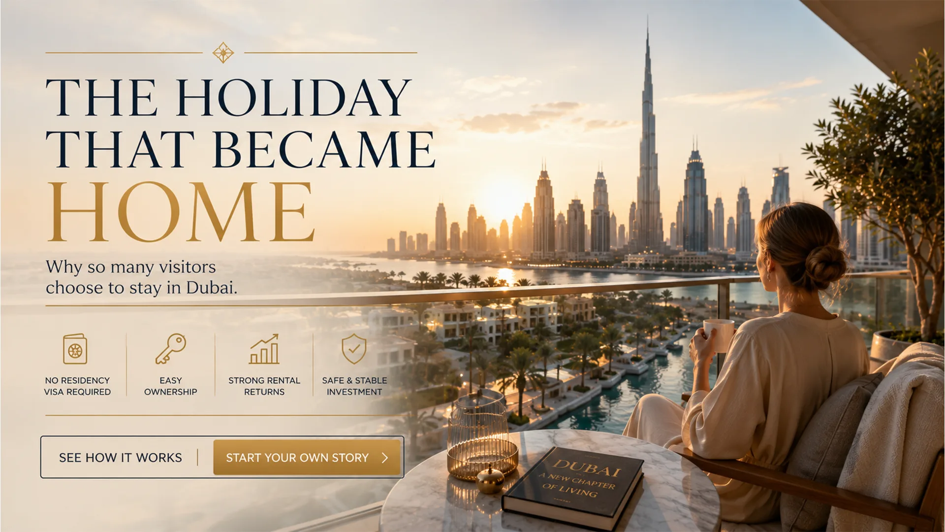 Person looking out over a Dubai skyline from a residential balcony at sunset, representing the transition from tourist to homeowner
