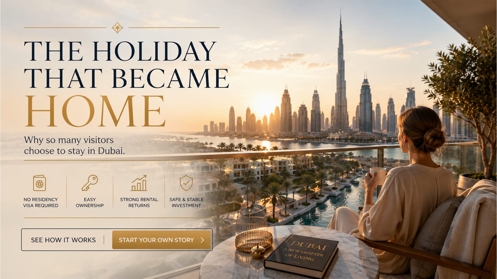 Person looking out over a Dubai skyline from a residential balcony at sunset, representing the transition from tourist to homeowner