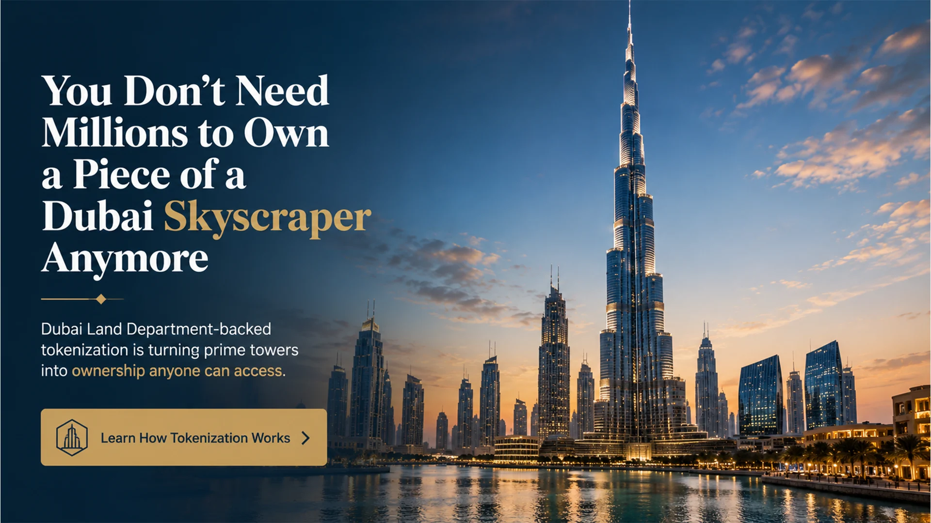 Dubai skyscraper with a subtle geometric overlay pattern, representing tokenized fractional real estate ownership