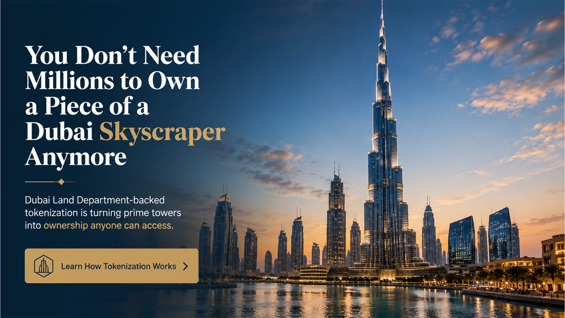 Dubai skyscraper with a subtle geometric overlay pattern, representing tokenized fractional real estate ownership