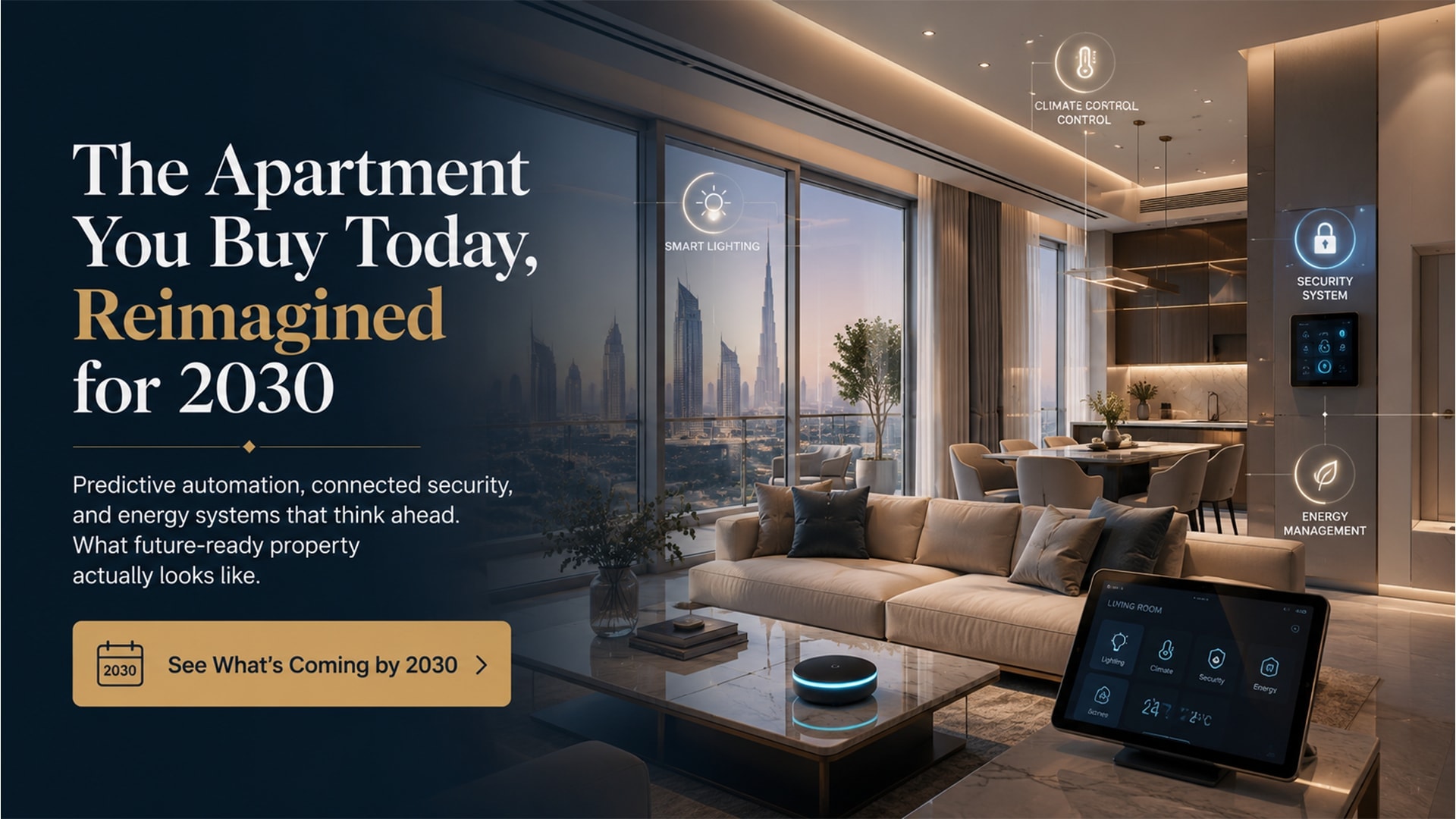 Modern minimalist Dubai apartment interior with subtle smart home technology, representing future-ready residential design