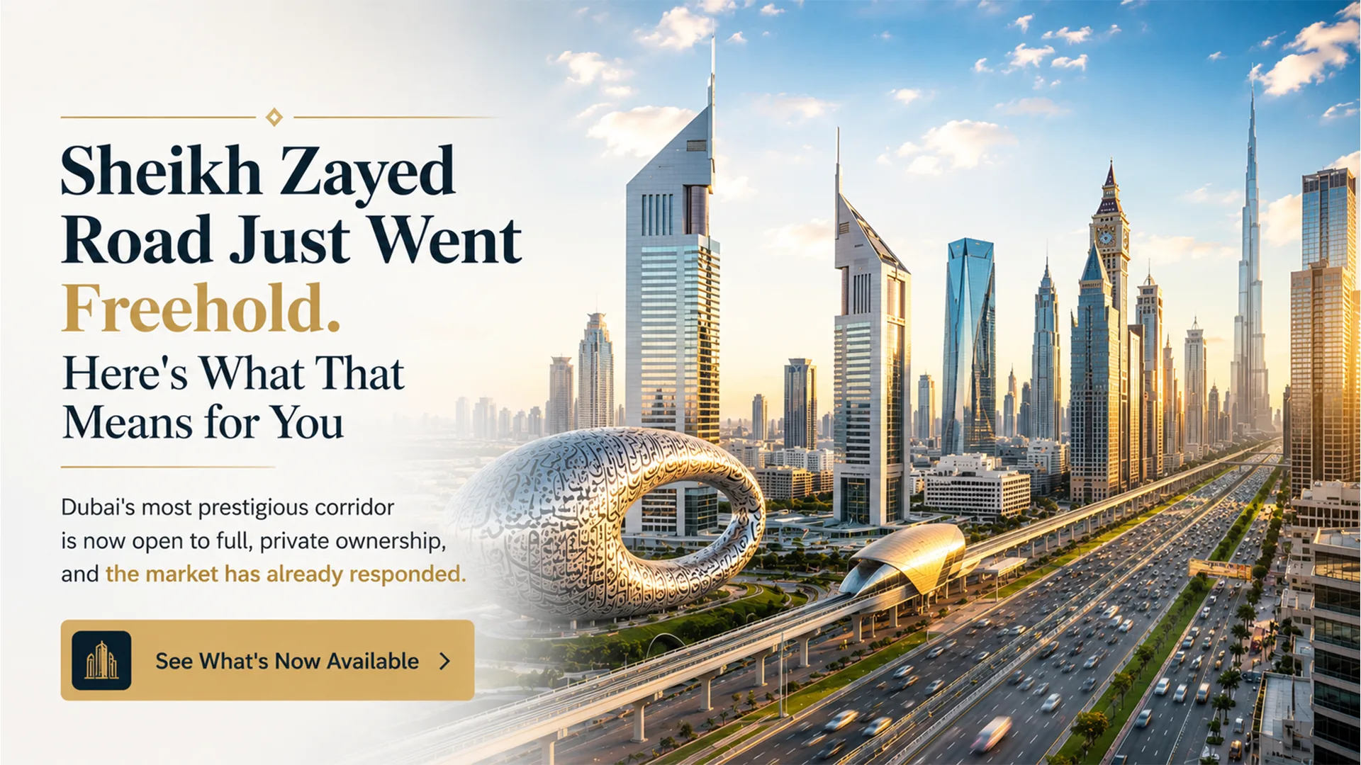 Sheikh Zayed Road skyline in Dubai with its dense cluster of towers, representing the new freehold ownership announcement