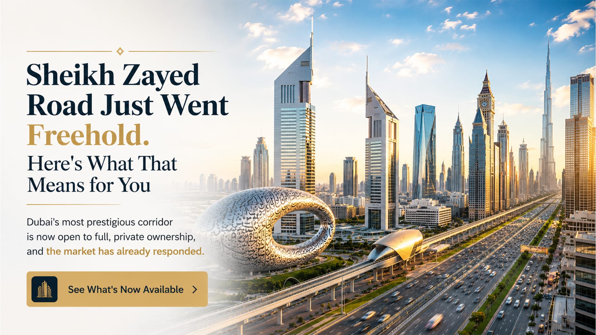 Sheikh Zayed Road skyline in Dubai with its dense cluster of towers, representing the new freehold ownership announcement