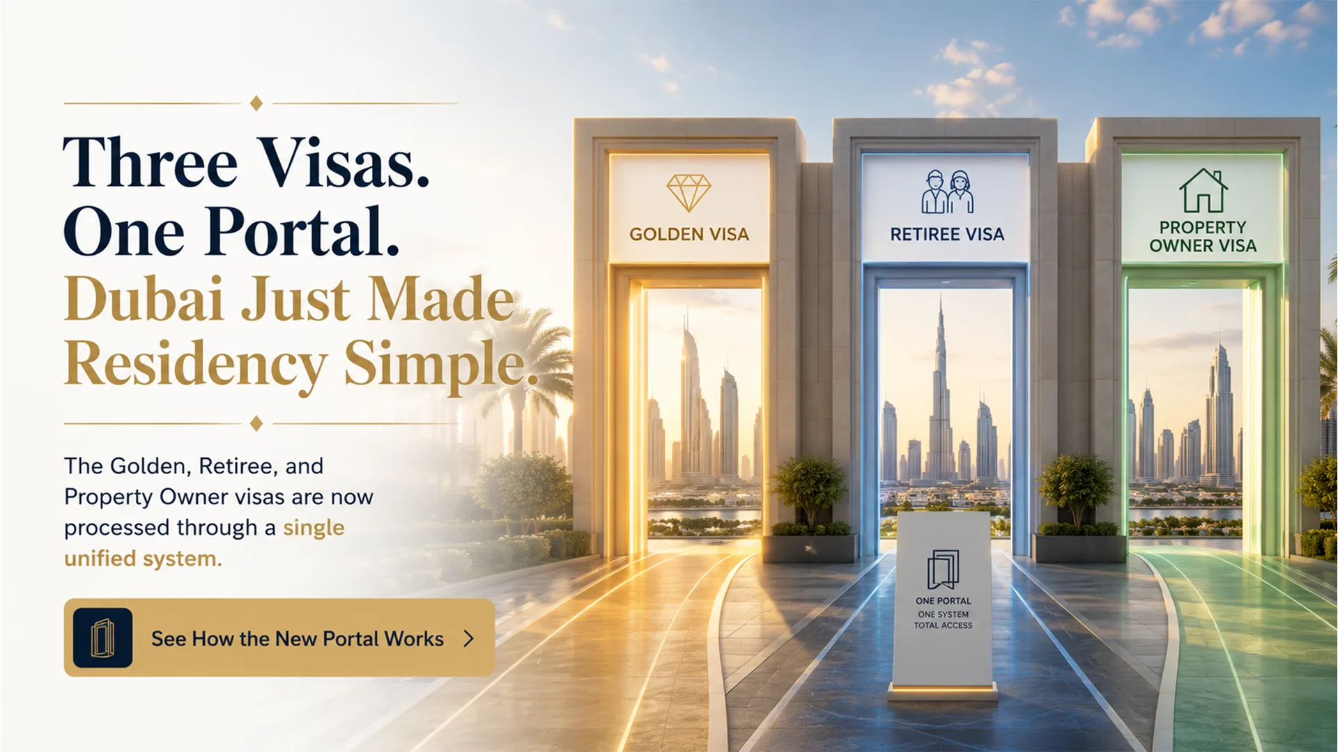 Three pathways converging into a single doorway against a Dubai skyline, representing the unified GDRFA-DLD visa portal for investors
