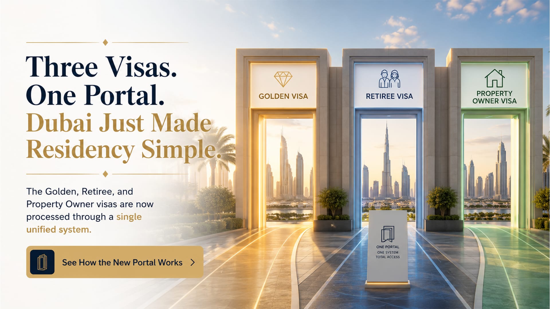 Three pathways converging into a single doorway against a Dubai skyline, representing the unified GDRFA-DLD visa portal for investors